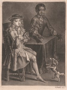 Twee jonge mannen, een speelt een blokfluit, de ander wijst naar een dansende hond