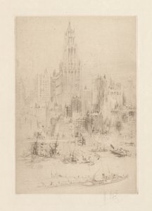 Downtown Manhattan vanaf de East River, met het Woolworth Building