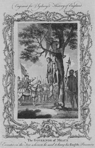 De gouverneur van Meaux geëxecuteerd aan de boom waaraan hij zijn Engelse gevangenen ophing, 1773