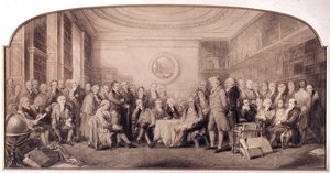 De eminente wetenschappers in 1807-1808. Bijeenkomst in de bibliotheek van het Koninklijk Instituut voor Wetenschappen, Engeland. Gravure door William Walker en Sir John Gilbert - Eminente Wetenschappers Levend in 1807 door William Walker