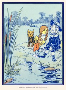 "Ik ben pas gisteren gemaakt," zei de Vogelverschrikker." uit "De Wonderbaarlijke Tovenaar van Oz" door L. Frank Baum door William Wallace Denslow