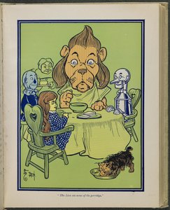 "De leeuw at wat van de pap", illustratie uit "De wonderbaarlijke tovenaar van Oz" door Lyman Frank Baum door William Wallace Denslow