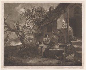 Mannen in gesprek bij een herberg