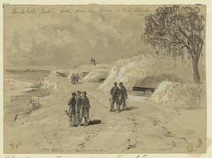 Thunderbolt batterij kijkend naar beneden de rivier door William Waud
