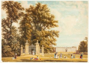 Ingang naar de Laan vanaf Clare Hall Piece, Cambridge door William Westall