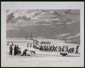 De bemanningen van H.M.S. Hecla en Griper snijden in Winter Harbour, 26 september 1819, uit 