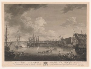 Gezicht op de scheepswerf van Deptford door William Woollett