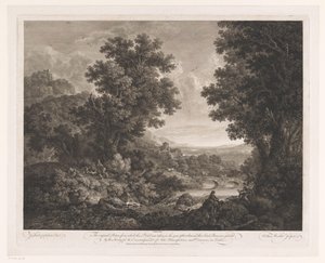 Landschap met figuren rondom een vuur en tekenaar en schalmeispeler aan de oever van een rivier