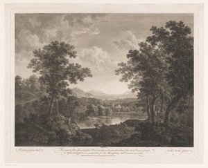 Landschap met herders en vee aan een meer door William Woollett