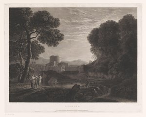 Landschap met poort en toren aan de oever van een rivier door William Woollett