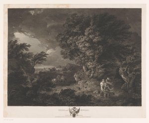 Stormachtig landschap met Dido en Aeneas door William Woollett