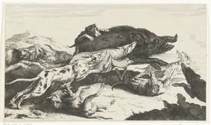 Honden jagen een zwijn door William Young Ottley
