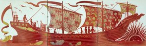 Drie tegels die een schip bij zonsondergang tonen door William de Morgan