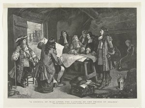 Willem III houdt krijgsberaad in een vissershut, 1688 door Williamson