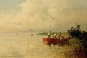 Vissers aan de zomerse Chiemsee-oever door Willy Moralt