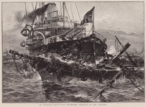 Een Amerikaans oorlogsschip vernietigt wrakken in de Atlantische Oceaan (litho)