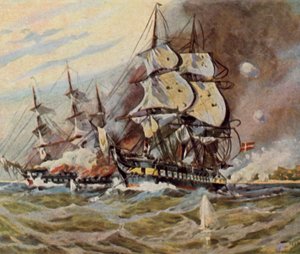 Duitse strandbatterijen bij Eckernförde, 5 april 1849 (vergrote kleurenlitho)