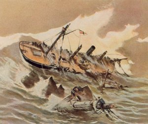 Schipbreuk van de kanonneerboot "Iltis" (kleurenlitho)