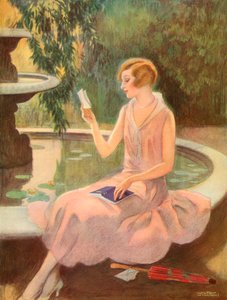 Jonge vrouw die een liefdesbrief leest bij een fontein, c.1925