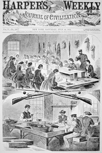 Mannen en vrouwen vullen patronen in het arsenaal in Watertown, Massachusetts, uit 
