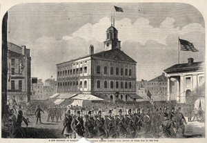 Een nieuw regiment vrijwilligers uit Massachusetts passeert Faneuil Hall, Boston, op weg naar de oorlog.