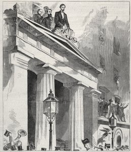 Abraham Lincoln, de gekozen president, richt zich tot het volk vanaf het balkon van het Astor House, 9 februari 1861