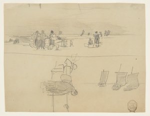 Strandscène met vrouwen die manden dragen, Cullercoats, Engeland door Winslow Homer