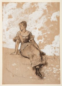 Tekening, Een zittend meisje; studie voor "De tuinmuur", 1878 door Winslow Homer