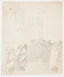 Tekening, Mannen en vrouwen kijken uit op zee, Cullercoats, Engeland, 1881 door Winslow Homer