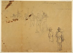 Tekening, Schetsen van enkele infanteriefiguren en oefenhandtekeningen, 1862 door Winslow Homer