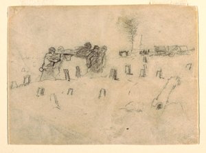 Tekening, brancardiers die een soldaat dragen, waarschijnlijk 1862 door Winslow Homer