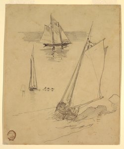 Tekening, Drie schetsen van schuiten, waarschijnlijk 1880 door Winslow Homer
