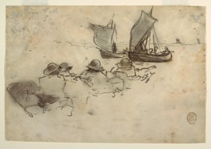 Tekening, Twee vissersboten met zeilen, Cullercoats, Engeland, 1881-82