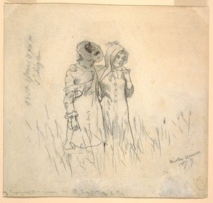 Tekening, Twee meisjes in een veld, 1879 door Winslow Homer