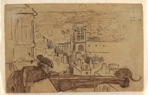 Tekening, Gezicht op Parijs met een borstwering van de toren van de Notre Dame kathedraal, 1867