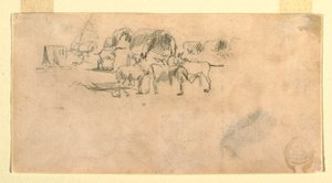 Tekening, wagontrein in het kamp, 1862