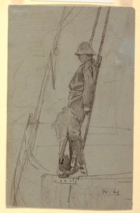 Tekening, Jonge man leunend tegen de tuigage van een zeilboot, waarschijnlijk 1861-62 door Winslow Homer