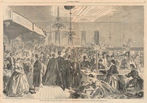 Grote kermis gehouden in de stadsvergaderzalen, New York, december 1861, ten behoeve van de stadsarmen; uit Harper door Winslow Homer