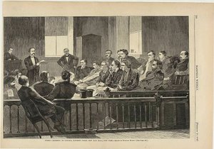 Juryleden luisteren naar raadslieden, Hooggerechtshof, New City Hall, New York