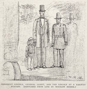 President Lincoln, Generaal Grant, en Tad Lincoln op een Treinstation, 1887 door Winslow Homer
