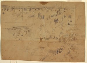 Studies van een slagveld met boomstronken en verbrijzelde boomstammen, Petersburg, Virginia