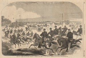 De cavalerie en artillerie van de Unie beginnen de achtervolging van de rebellen op de Yorktown Turnpike, uit Harper door Winslow Homer