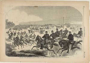 De cavalerie en artillerie van de Unie zetten de achtervolging in op de rebellen op de Yorktown Turnpike