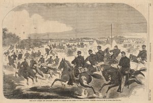 De cavalerie en artillerie van de Unie beginnen de achtervolging van de rebellen over de Yorktown Turnpike, uit Harper
