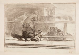 Twee vrouwen en een kind bij een reling, uitkijkend over het strand van Tynemouth door Winslow Homer