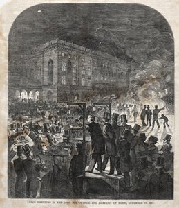 Vakbondsbijeenkomst in de open lucht buiten de Muziekacademie, 1859 door Winslow Homer
