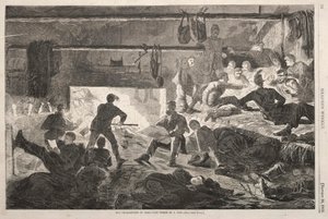 Winterkwartieren in Kamp - De Binnenkant van een Hut, 1863 door Winslow Homer