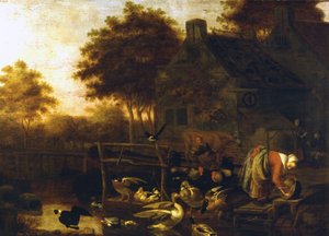 Landschap in Nederland (boerderij met veel dieren en een boer die een koe melkt) door Wintrack de Jongere door Wintrack the Younger