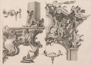 Suggestie voor de decoratie van de rechteronder- en rechterbovenkant van een altaarframe, gedrukt ca. 1750-56