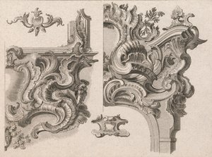 Suggestie voor de decoratie van de rechter benedenhoek en rechter bovenhoek van een altaarframe..., Gedrukt ca. 1750-56
